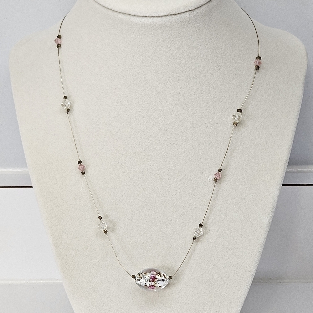 VINTAGE Dainty 14/20 14KT Gold-Filled Glass Floral Lampwork Bead Necklace
